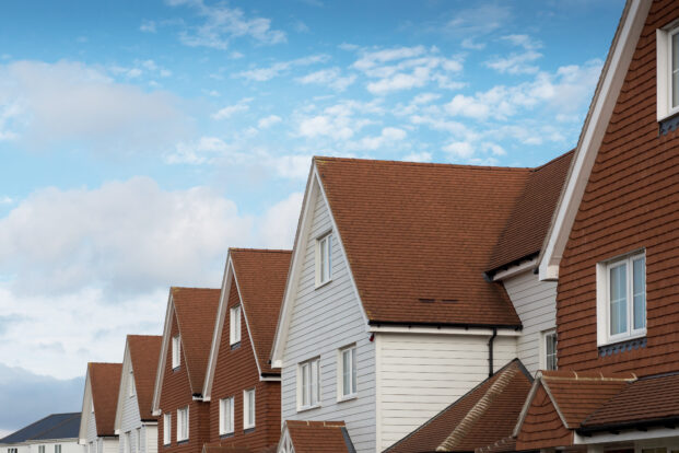 Clay roof tiles and vertical angle tiles on housing development.