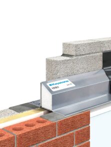 A 3D rendered image of a cut through a wall to demonstrate the structure of a standard Keystone lintel.