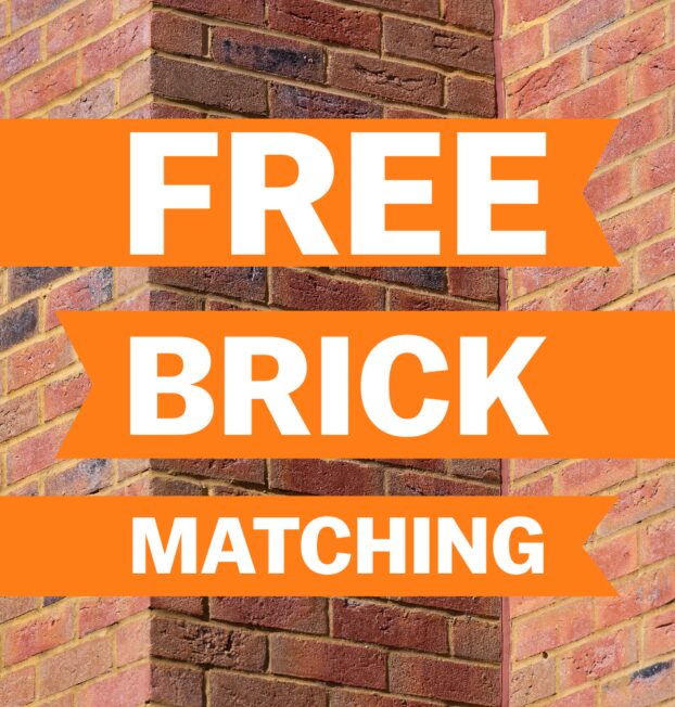 An image of a red brick wall with 'Free Brick Matching' written in white on an orange banner.