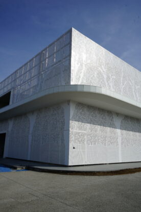 Tree detail in silver perforated metal facade