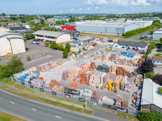 An aerial view of a construction depot.