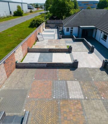 A view of landscaping displays from above.