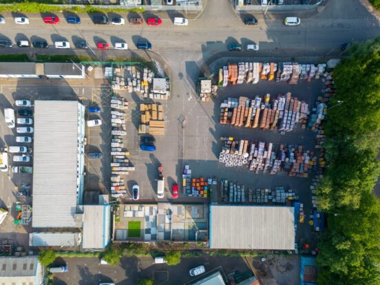 An aerial view of a builders yard.