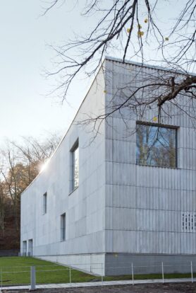 Ridged glass reinforced concrete cladding panels at Kviberg Krematorium