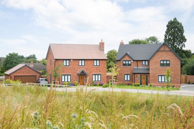 A grassy meadow with two red-brick houses in the background.