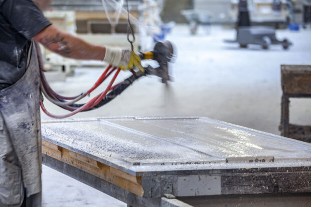 Surface spraying GRC cladding panels at BB Fiberbeton