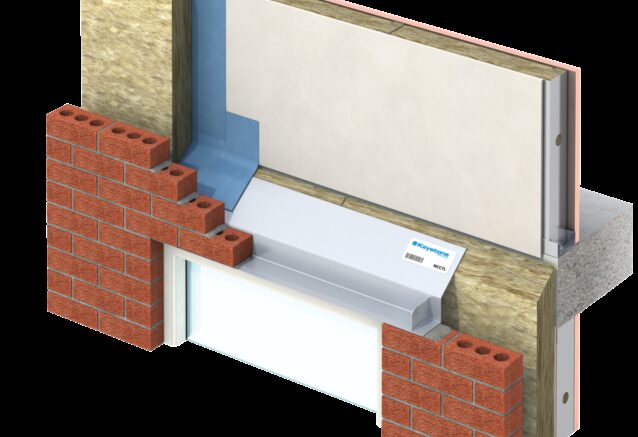 A 3D illustration demonstrating how a cavity tray fits within a wall in construction.