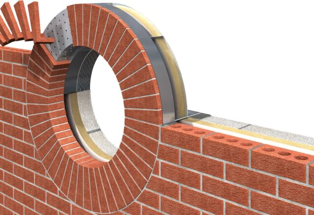 A 3D illustration of a round window opening demonstrating how a lintel supports the brickwork.