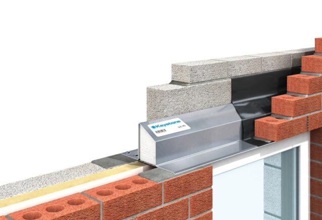 A 3D rendered image of a cut through a wall to demonstrate the structure of a standard Keystone lintel.