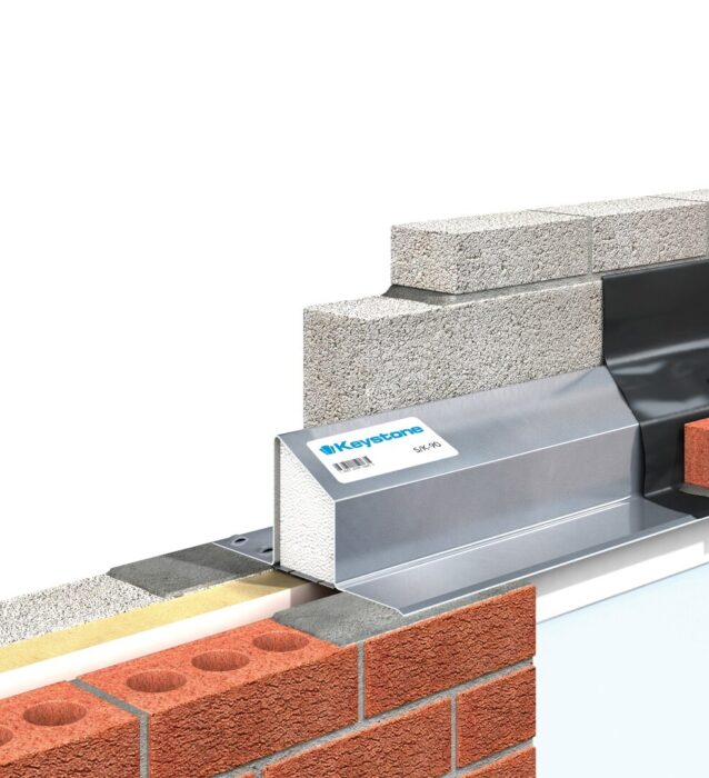 A 3D rendered image of a cut through a wall to demonstrate the structure of a standard Keystone lintel.