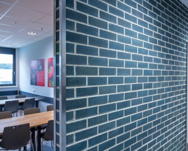 A blue brick wall with a school classroom visible in the background.