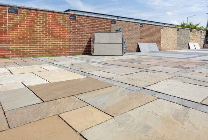 An outdoor display area of stone paving slabs