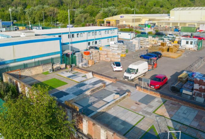 An aerial view of Brickability Cardiff's yard