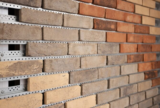 A wall of different coloured brick slips, attached to a mechanical fix system with the metal backing visible.