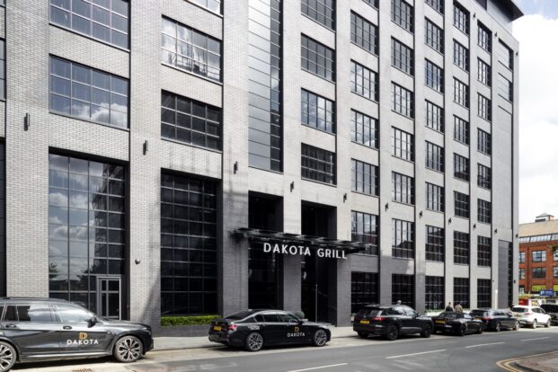 Entrance of the Dakota Hotel in Manchester completed using black facing bricks
