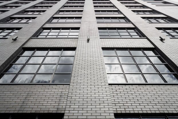 Black facing bricks on the facade of the Dakota Hotel in Manchester